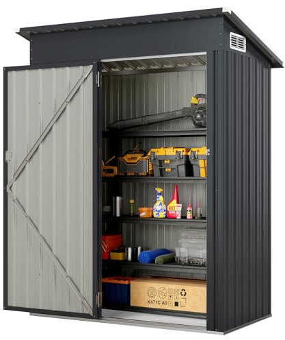 RELAX4LIFE Abri de Jardin en Acier Galvanisé 150x88x185cm, Cabane de Rangement avec Porte Toit Incliné Structure Résistante 2 Paires de Gants, Abri pour Outils pour Poubelles Extérieur (Gris)