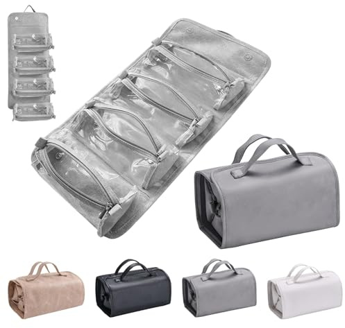 nnOuOnn Flat Lay Travel Makeup Bag, Leather Clear with Compartments, 4 in 1 Waterproof, Detachable Foldable Hanging, Portable Storage Organise, Grey