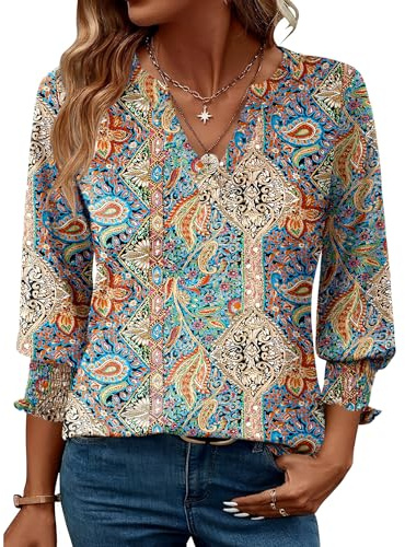 Rapbin Damen Elegant Bluse 3/4 Ärmel Langerm Tunika Sommer Top Lässig Locker Oberteil 2026 (XL, Böhmische Farben)