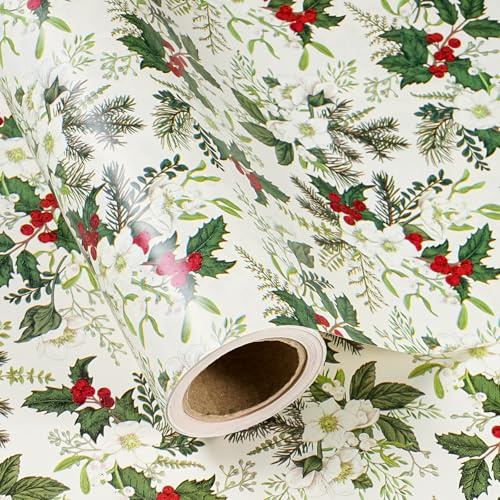 RUSPEPA Carta Da Regalo Natalizia - Mini Rotolo - 43,2 Cm X 10 M - Carta Da Regalo Floreale Bianca Con Foglie Verdi E Bacche Rosse Per Natale, Feste E Celebrazioni