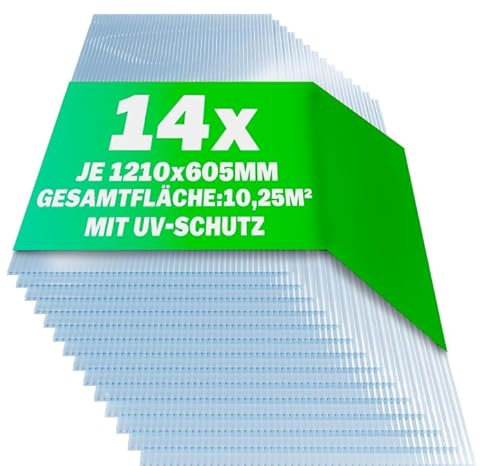 casa pura | Gewächshausplatten 14x | 60,5 x 121 cm - | Polycarbonat (PC) | Hohlkammerplatte - Doppelstegplatte (Transparent, 4 mm)