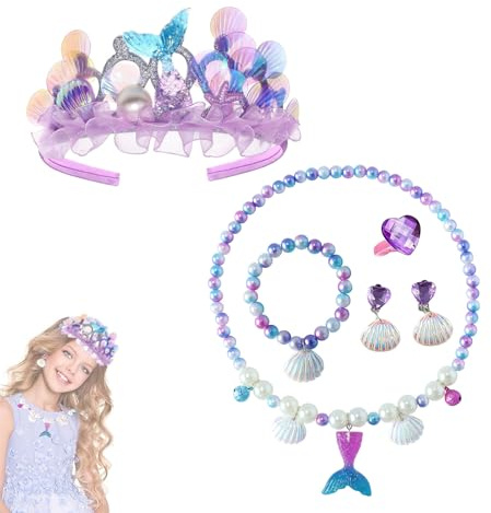 6 piezas joyas set niña sirena joyas regalos para niñas | Juego de accesorios de disfraz con corona, collar, pulsera, pendientes y anillo, regalo para cumpleaños y fiestas temáticas