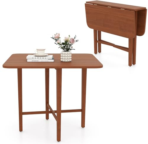 COSTWAY Table Pliante Cuisine 4 Personnes, Table a Manger Pliante 90 CM, 2 Rallonges Rabattables, Pieds en Bois Massif, Style Fermier, Console Compacte 26 cm, pour Petit Espace, Salon, Noyer
