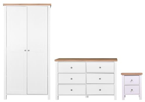 Modern 3-Piece Bedroom Furniture Set – White 2-Door Wardrobe, 6-Drawer Chest, and Bedside Nightstand | Complete Storage Solution