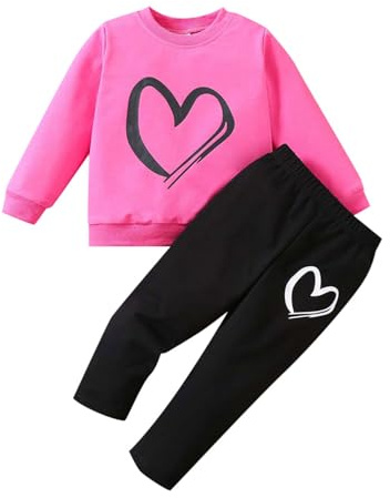 Generisch Tuta da ginnastica per bambine, da jogging, per San Valentino, per bambini, ragazzi, ragazze, camicie con stampa a cuore, girocollo, pantaloni da jogging