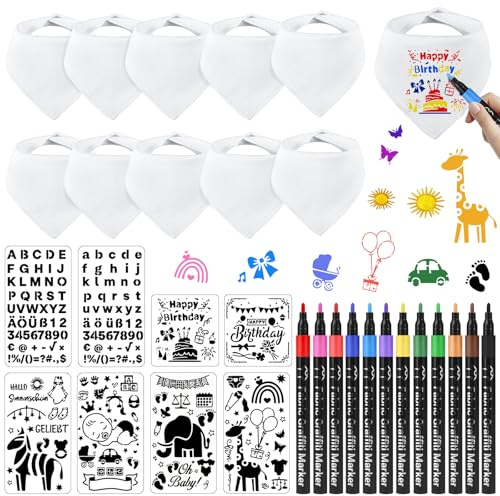 PATEMZON 10 Pièces Bavoir de Peinture, Coton Bavoirs Blancs pour Bébé avec 12 Stylos Textiles et 6 Pochoirs de Peinture, Bavoirs Bebe Naissance Imperméable, Cadeau pour Babyshower Party DIY