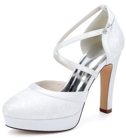 HFWXYSA Scarpe da Sposa in Raso con Tacco Largo Medio Plateau Décolleté da Donna Punta Chiusa Cinturino Incrociato Scarpe da Matrimonio,Bianca,37 EU