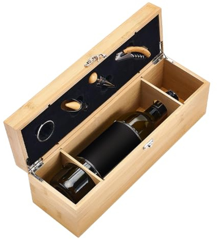 UNICRAFTALE Juego de cajas de vino de 36,1 x 11,1 x 12 cm de grosor de madera robusta, caja de presentación para una botella, incluye 4 abridores de botellas, caja de almacenamiento de vino de madera