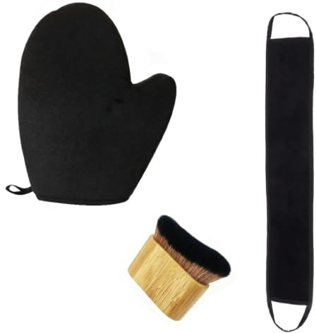 Juego de 3 guantes autobronceadores 3 en 1 con ayuda de crema para espalda y mango de bambú, aplicador negro para crema bronceadora y mousse autobronceadora, bronceado uniforme