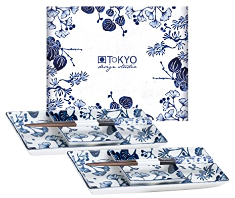 TOKYO Design Studio Set de Sushi Flora Japonica Azul-Blanco, 6 piezas, 2 platos de sushi, 2 cuencos para salsa, 2 palillos, porcelana asiática, diseño japonés, paquete de regalo incluido