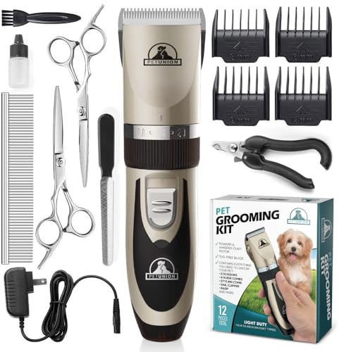 Pet Union Professional Dog Grooming Kit - Rechargeable, Cordless Pet Grooming Clippers & Complete Set of Dog Grooming Tools. Low Noise & Suitable for Dogs, Cats and Other Pets (Gold)