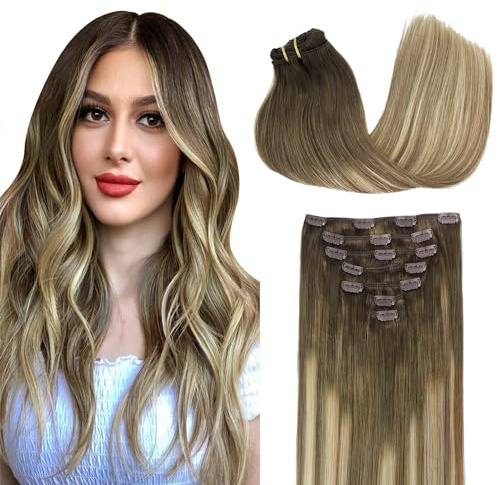 GOO GOO Clip in Human Hair Extensions, 20inch 120g 7pcs, Hair Extensions Clip in, 3/8/613 Blonde Ombre