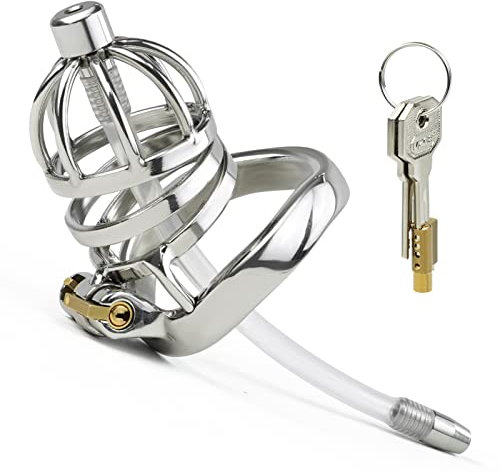 ANNGEOK Keuschheitsgürtel mit Harnröhren-Dilator für Männer, Edelstahl Metall Peniskäfig Cock Cage SM Bondage Fetisch Keuschheit Sexspielzeug (M-Ø 45mm)