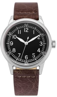 PRAESIDUS A-11 Spec 2 Military Watch for Men – WW2 A-11 Field Watch, Ameriquartz Men’s Military Watch, Assembled in The USA, Vintage Military Design (40mm, Matte Black Dial, Brown Leather Strap)