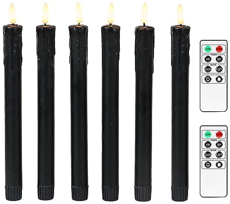 Fanna Set of 6 Black Flameless Taper Candles for Halloween with 2 Remotes Included, Battery Operated Candles with Timer Wax Dripping, Warm White Light - H25cm