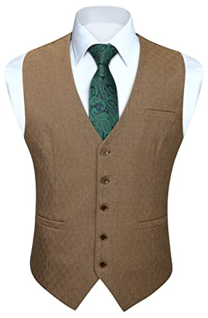 HISDERN Chalecos para Hombre de Vestir Marrón de Fiesta de Boda Formal Elegantes Clásico Chaleco Traje Hombre de Algodón Con Bolsillos Negocio M