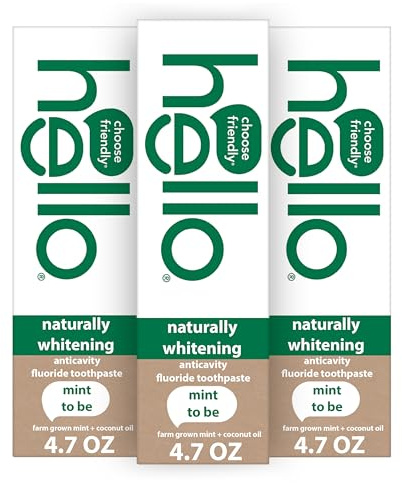 hello Naturally Whitening Fluoride Toothpaste, Natural Whitening Toothpaste with Coconut Oil and Tea Tree Oil, Tames Bad Breath, Helps Moisturize, and Fights Cavities, Mint, 3 Pack, 4.7 Oz Tubes