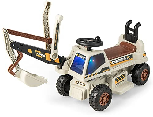 GOPLUS 6V Sitzbagger ab 3 Jahren, Multifunktionales Elektrobagger mit Flexibler Schaufel & verstecktem Stauraum, Kinderbagger mit LED Lichtern & Musik & Hupe, Bagger zum Draufsitzen (Grau)