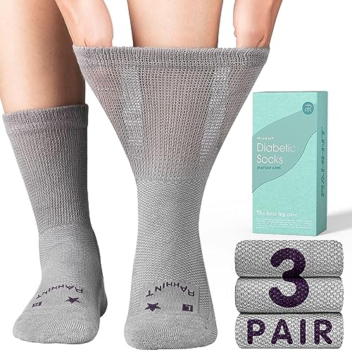 Rahhint Extra Wide Merino Wool Diabetic Socks, 3 Pairs, Non-Binding Soft Top, Seamless Toe Thermal Loose Fit Socks for Men & Women
