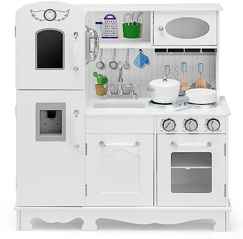 RELAX4LIFE Cucina Giocattolo in Legno per Bambini, Luci e Suoni Realistici, Gioco di Simulazione con Telefono, Frigorifero, Distributore d'Acqua per Bambini 3+Anni