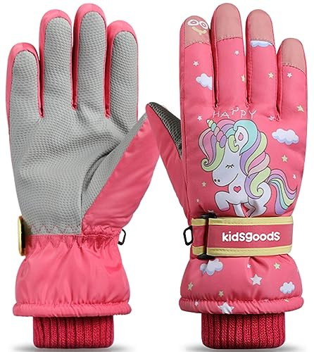 Hjkiopc Guanti da sci per bambini Guanti da Neve per Bambini 6-12 Anni Invernali per Sportivi con Silicone Antiscivolo,per Snowboard, Ciclismo,da sci e ragazzi(Rosso Unicorno)