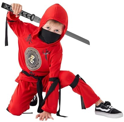 Udekit Costume da ninja rosso con cappuccio, pantaloni, nastri e spada giocattolo per bambini, festa cosplay di Halloween per 6-8 anni