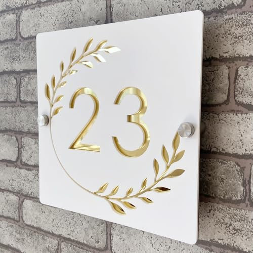 Plaque de numéro de maison personnalisable en acrylique 3D bicolore (blanc et doré) avec numéros flottants et guirlande, pour intérieur et extérieur, idéale pour maisons, hôtels, appartements et
