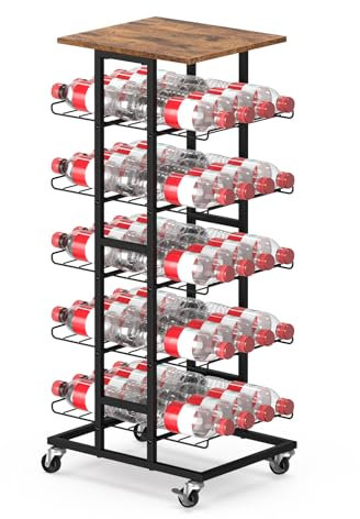CADUKE 5-stöckiger Flaschenregal auf Rädern, Mobiler Flaschenhalter für 40 Flaschen, Metall-Barwagen mit Holztischplatte, für Küche, Büro und Partys, im Vintagebraun-Schwarz