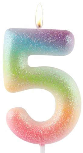 Zolunu Glitter Colorful 5th Birthday Candle, Birthday Number 5 Candle Cake Toppers for Girl Women, Glitter Colorful Themed Party Decorations Supplies Birthday Gifts
