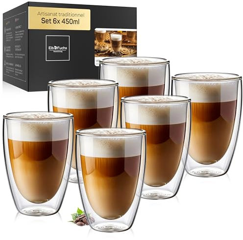 ElbFuchs® Juego de vasos Latte Macchiato (6x 450ml) formato extra grande cristal térmico de doble pared | Ideales para capuchino, café y té