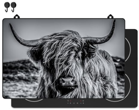 KitchyMist Protège Plaque Induction Highlander Écossais Noir et Blanc - 80x52 cm - Déco cuisine - Protection pour plan de travail - Cuisson protégée - Fond de hotte de cuisine