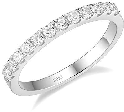 EAMTI 2mm 925 Sterling Silver Wedding Band Cubic Zirconia Half Eternity Stackable Engagement Ring Size 3-13, Metal, Cubic Zirconia