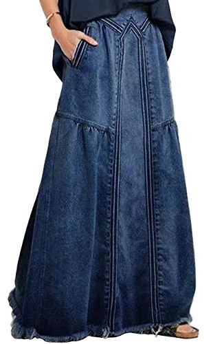 ebossy Women's Casual Elastic Waist Frayed Hem A-Line Distressed Hippie Long Maxi Denim Skirt (Large, Dark Blue)