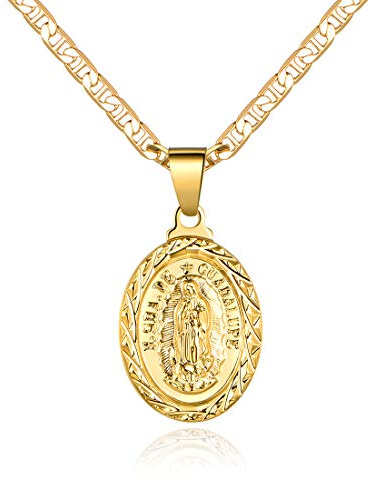 Barzel 18K Gold Plated Flat Mariner/Marina Chain Necklace With Virgin Mary Guadalupe Charm Pendant 3MM (20)