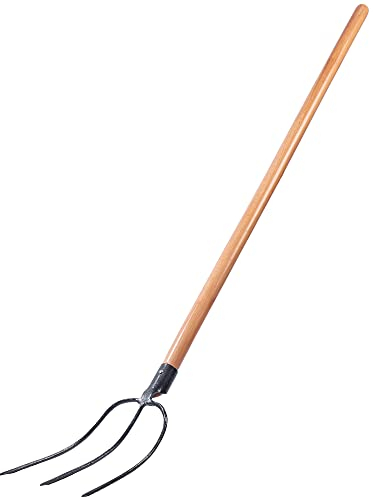 KADAX Fourche à Foin en Acier avec Manche en Bois, Fourche à Bêcher pour Lever et Déplacer la Paille, Le Compost et Le Fumier, Outil de Jardinage (3 Dents)