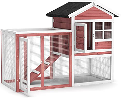 Tangkula Wood Rabbit Hutch, Outdoor Indoor Bunny Cage with Run, Removable Tray, Ramp, Ventilate Door, Waterproof Roof Chicken Coop Pet House for Chicken Rabbit Guinea Pig, 48.5 x 25 x 37 Inch, Red