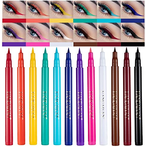 12 Colors Matte Liquid Eyeliner Set Rainbow Colorful Neon Eyeliner Pencil Pigmentierter Wasserfester Wischfester Long Lasting Smudge-Proof Gel Eye Liner Christmas Makeup Gift Kit for Women