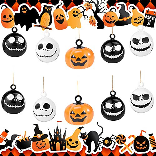 DURANTEY 10 Stück Kleine Glocke Halloween Glöckchen Kürbis Bells Glöckchen zum basteln Handgemachte Metallglöckchen Geisterschädel Schellen Glocken für Handwerk Zubehör/Festival-Dekoration