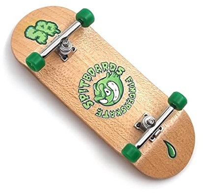 SPITBOARDS 34 mm x 96 mm Pro Fingerboard Set (Complete) | Real Wood Deck (5 Couches) | Pro Trucks avec Bushings Pivots | Polyuréthane Pro Wheels | Real Ball Bearings | Emblème Rond (Version Bois)