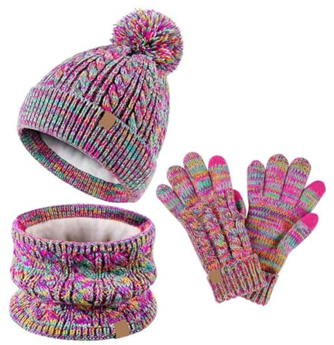 Lifup Conjunto de Bufanda Gorro y Guantes, Invierno Cálido Sombrero de Punto con Pompon, Beanie Forro Polar Niños Set para Niños Niñas 5-10 Años Mezcla de arcoiris