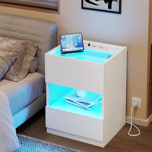 AOGLLATI Nachttisch mit Ladestation und LED-Leuchten, Nachtschrank mit 2 Schubladen und offenem Stauraum, Beistelltisch mit 2 USB-Anschlüssen und 2 AC-Steckdosen Weiß