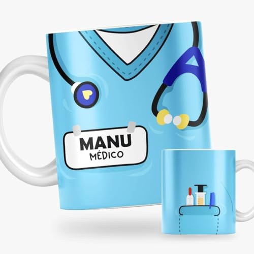 DEREGALOOS Taza Original Personalizada con Nombre. Taza para Regalar Uniforme TCAE Médico o Enfermera. Taza de Desayuno Accesorios Médico. Regalo original para enfermeros.
