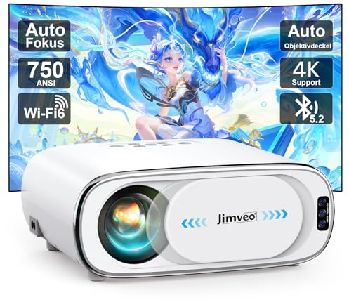 Beamer 4K AI Auto-Objektivdeckel Auto-Fokus Auto-6D Trapezkorrektur Smart Beamer WiFi6 Bluetooth Jimveo 26000L 1080P Full HD Tragbare Projector 50% Zoom,300 Display Am Abend Outdoor Beamer Heimkino
