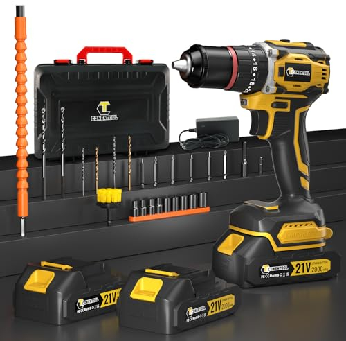 Conentool 21v Brushless Cordless Drill Driver Set, Electric Screwdriver with 2X 2000mah Batteries, 52 N.M Max Impact Combi Drill, 28+3 Levels, Cordless Screwdriver with 26pcs Accessories