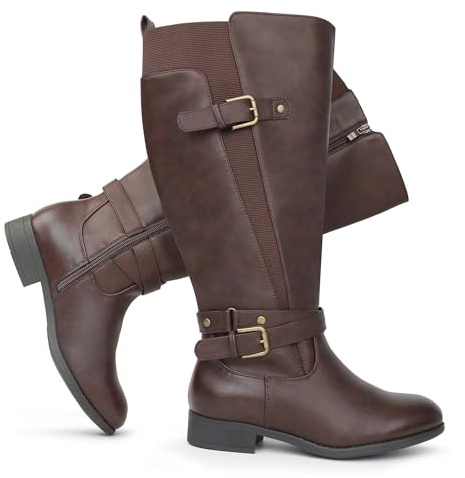 Chicblooms Botas altas de montar para mujer, de caña extra ancha, tacón bajo, correa al tobillo, diseño elegante y hasta la rodilla, PU marrón, EU38.5