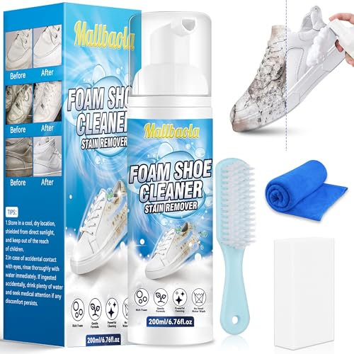Mallbaola Limpiador Zapatillas, 200ML Limpiador Zapatillas Blancas, Limpiador de Zapatillas, Kit Limpieza Zapatillas con Cepillo, Shoes Cleaner, Tejido, Lona, Cuero, Limpiador Ante Schuhe reinigen