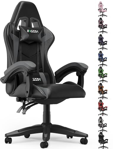 bigzzia Gaming Stuhl Gaming Chair-Ergonomischer PC Stuhl, 90-135° Rückenlehne PC Stuhl mit Kopfstütze Lendenstütze, Gamer Sessel für Jugendliche und Erwachsene (ohne LED, Schwarz-Grau)