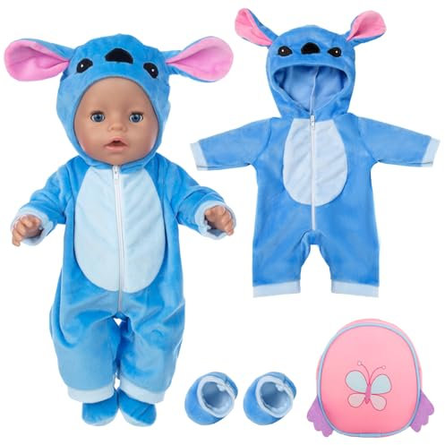 Puppenkleidung für 35-43 cm Baby Puppen, Baby Kleidung inklusive Socken und Rucksack, Blaue Outfits Overalls, Blaue Puppenkleidung für New Doll 14-18 Zoll Geschenke für Jungen und Müdchen