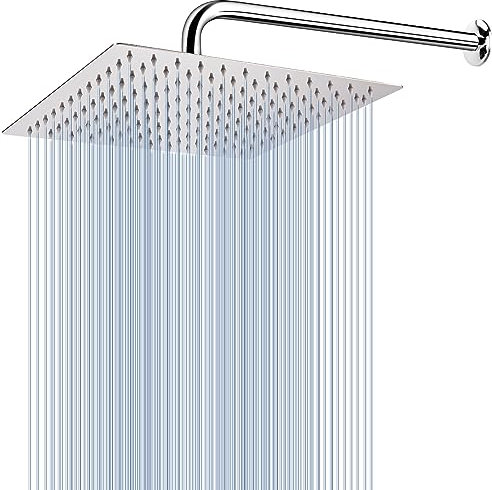 Soffione Doccia Voolan Rain con Braccio di Estensione, Soffioni a Pioggia in Acciaio Inossidabile, Soffione Doccia 30cm Quadrato ad Alto Flusso (Braccio Doccia 38cm)
