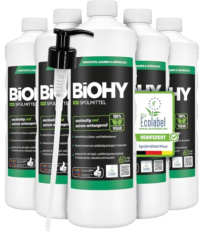 BiOHY Diskmedel Plus (9 x 1 liter) pumpdispenser | Ekologiskt flytande koncentrat för porslin med EU-miljömärke | Extra kraftfull fettlösare | Perfekt för diskmedelsdispenser | Miljövänlig och